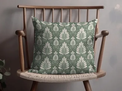 Green Cushion with White Leaf Patterns Pillow