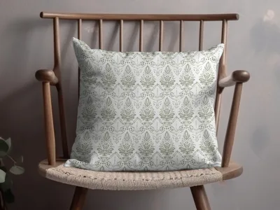 Elegant White Cushion with Green Floral Pattern Pillow