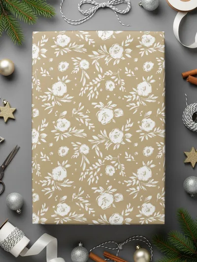 Elegant White Floral Pattern on Beige Wrapping Paper