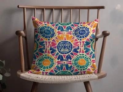 Colorful Sun Face and Geometric Pattern Pillow