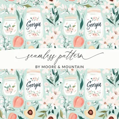 Georgia Peach Mason Jar Digital Paper, Southern Floral Seamless Pattern, Rustic Botanical Scrapbook Background, Instant Download