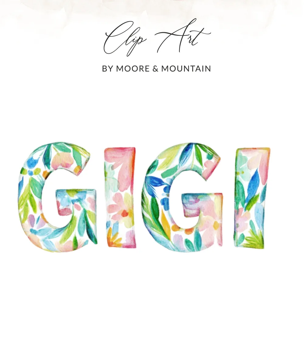 Floral GIGI watercolor clip art with artist's signature.