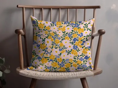 Vibrant Yellow and Blue Floral Pattern Throw Pillow