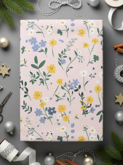 Floral Patterned Gift Wrap with Yellow and Blue Flowers