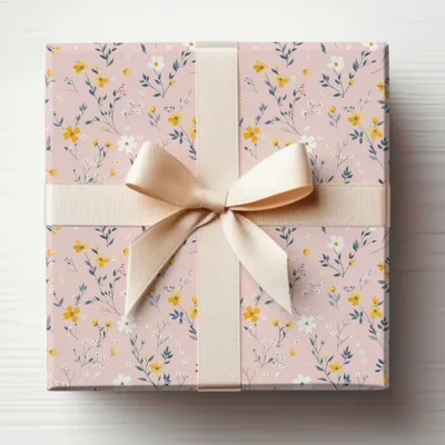 Elegant Floral Gift Wrapping with Cream Ribbon Gift Wrap