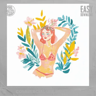 Woman in pink bikini surrounded by colorful foliage.