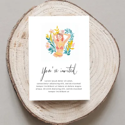 Invitation with watercolor illustration of a woman in a bikini, reading "You're invited."