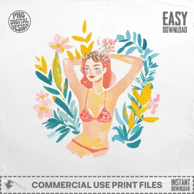 Woman in bikini with arms behind head, surrounded by floral and leaf design.