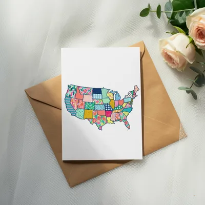 Card with a patchwork map of the United States on an envelope.