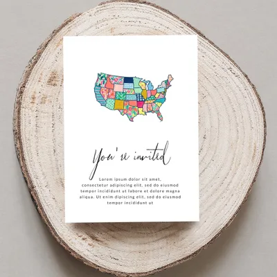 Invitation with colorful patchwork USA map and "You're invited" text.