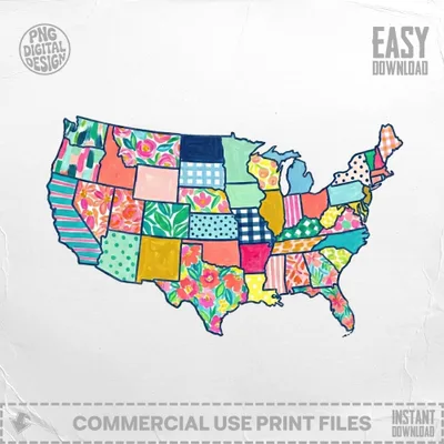 United States map with states filled with colorful floral and geometric patterns.