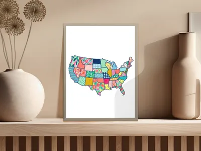 Colorful map of the United States in a framed print.