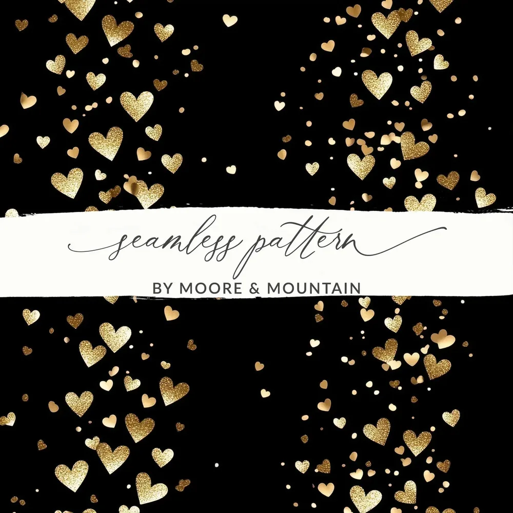 Gold Hearts Digital Paper, Seamless Valentine's Day Pattern, Black Background, Scrapbooking Paper, Fabric Design, Digital Download - Moore and Mountain