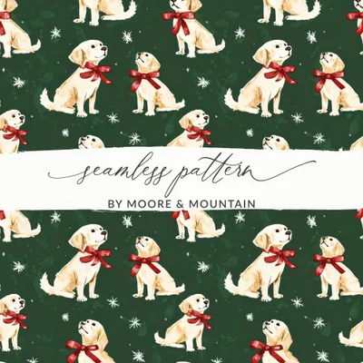 Golden Retrievers with Red Bows and Snowflakes Pattern Digital