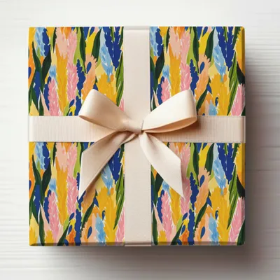 Vibrant Floral Patterned Gift Wrap with Beige Ribbon