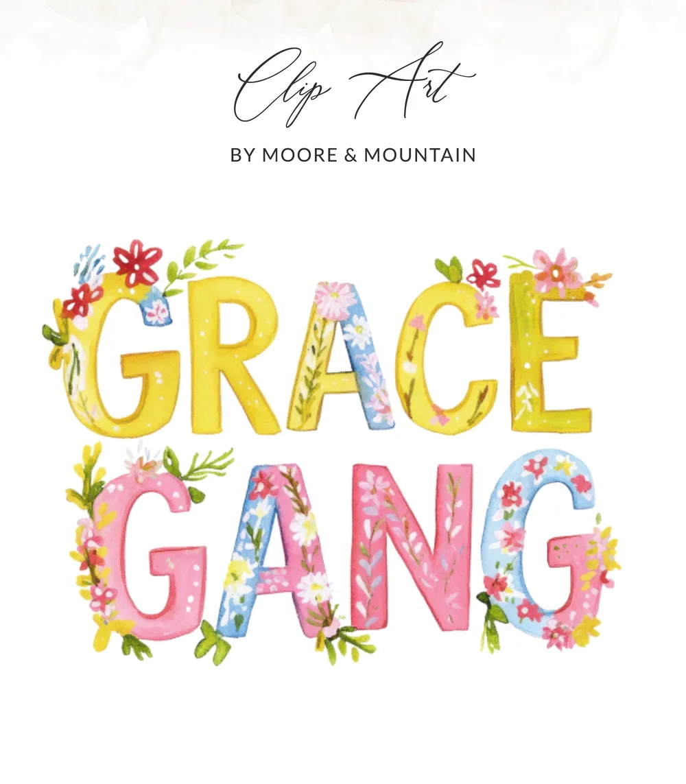 Grace Gang clip art with floral accents and watercolor texture.
