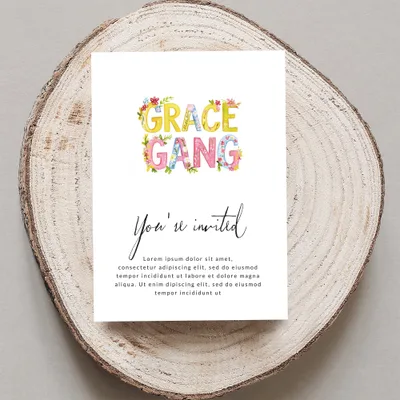 Grace Gang invitation with floral letters and placeholder text.