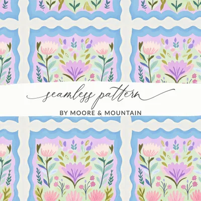 Grandmacore Seamless Floral Tile Pattern Digital, Pastel Folk Art Flowers, Whimsical Botanical Cottagecore Print, Scalloped Frame Repeat