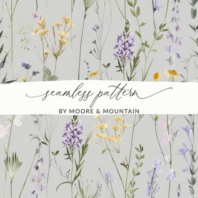 Gray and Purple Boho Neutral Floral Watercolor Pattern