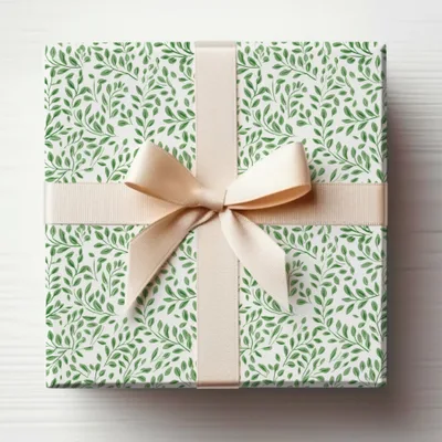 Elegant Green Leaf Pattern Gift Box Wrapped with Ribbon