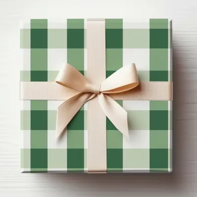 Green and White Checkered Box with Beige Ribbon Gift Box