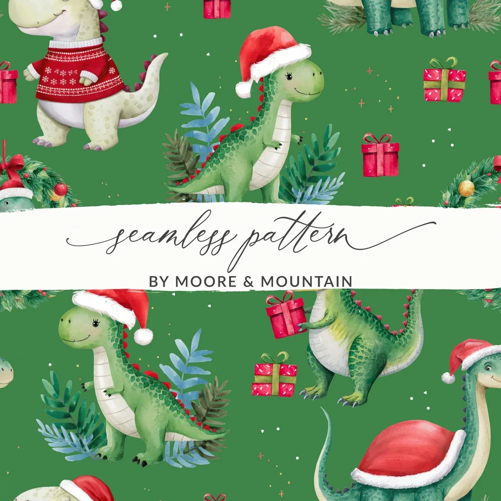 Green Christmas Dinosaur Digital Pattern, Winter Dino Art, Red Hat, Holiday Seamless Design, Festive Printable Paper, Kids Fabric Design - Moore and Mountain