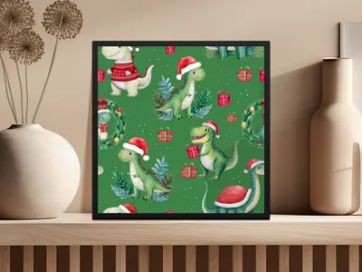 Green Christmas Dinosaur Digital Pattern, Winter Dino Art, Red Hat, Holiday Seamless Design, Festive Printable Paper, Kids Fabric Design - Moore and Mountain