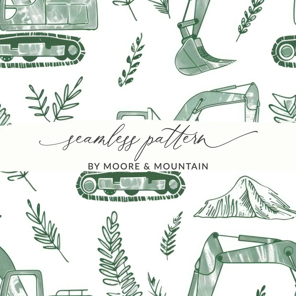 Green Excavator Digital Paper, Construction Vehicle Seamless Pattern, Kids Room Decor, Scrapbooking Paper, Digital Download - Moore and Mountain