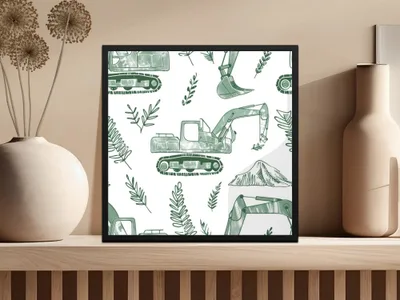 Green Excavator Digital Paper, Construction Vehicle Seamless Pattern, Kids Room Decor, Scrapbooking Paper, Digital Download - Moore and Mountain