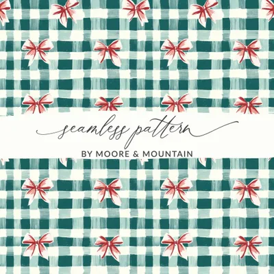 Green Gingham Bows Digital Paper, Seamless Pattern File, Festive Design, Scrapbooking Paper, Fabric Design, Digital Download