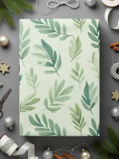 Festive Botanical Green Leaves on Off-White Wrapping Paper