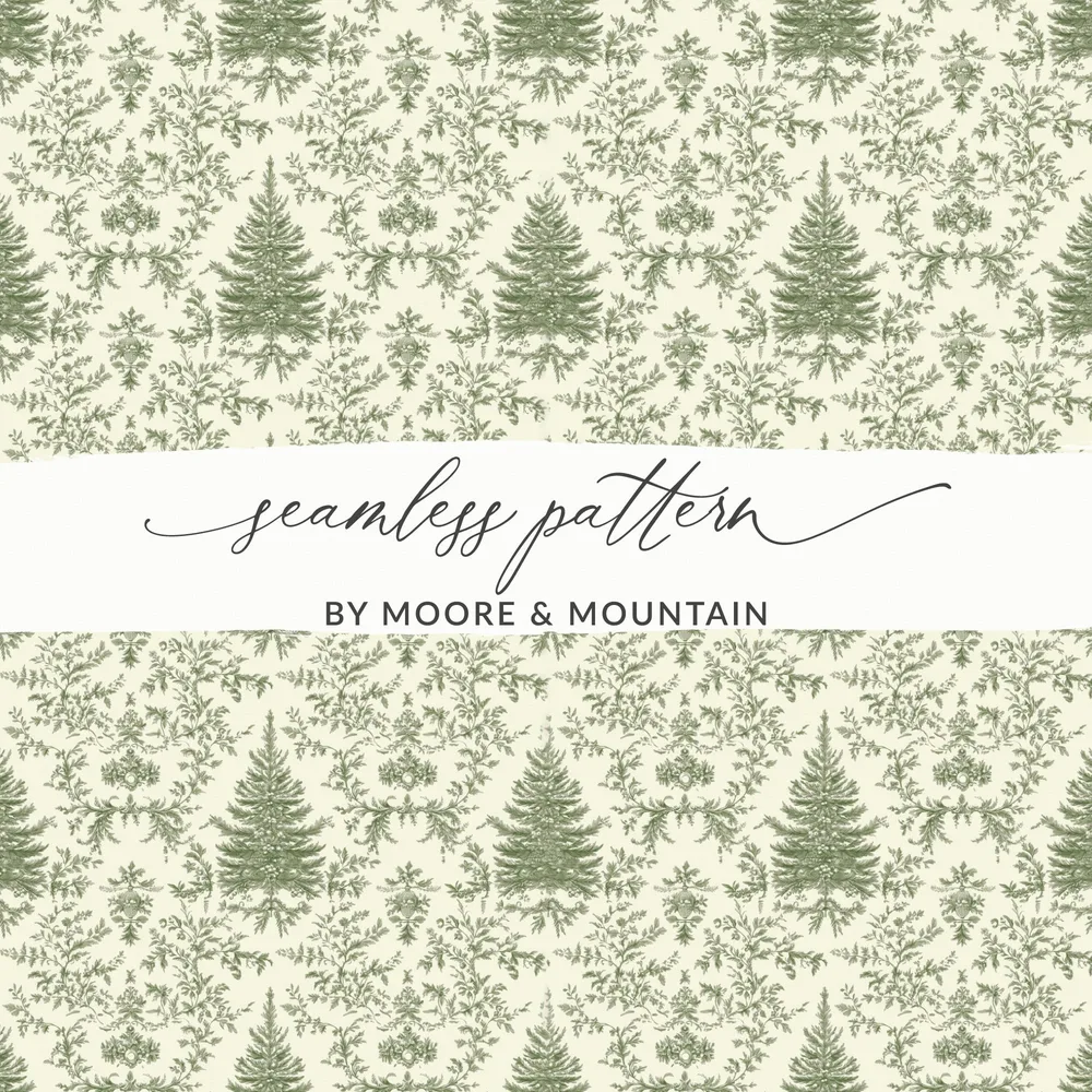 Green Toile Digital Paper, Christmas Tree Seamless Pattern, Printable Fabric Design, Scrapbook Paper, Commercial Use, Vintage Botanical - Moore and Mountain