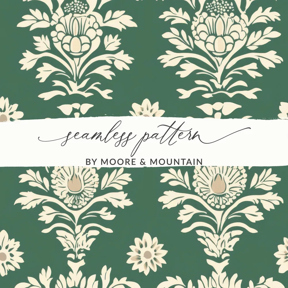 Green Vintage Art Deco Background with White Floral Kalamkari Design - Moore and Mountain
