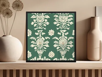 Green Vintage Art Deco Background with White Floral Kalamkari Design - Moore and Mountain