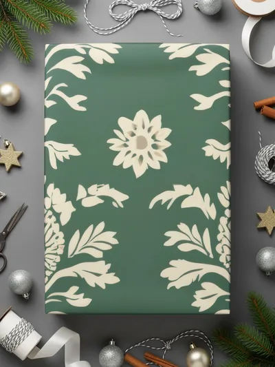 Green Vintage Art Deco Background with White Floral Kalamkari Design - Moore and Mountain