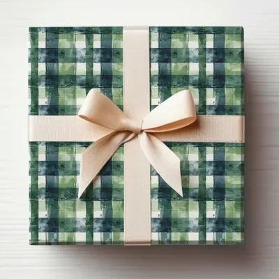 Green Plaid Pattern Gift Wrap with Cream Ribbon Product