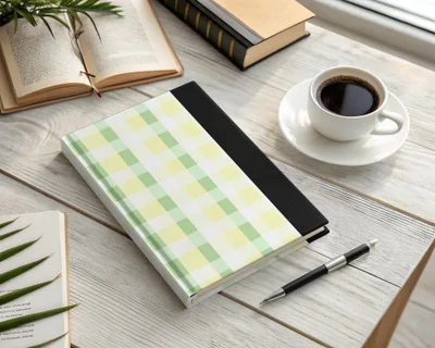 Green and Yellow Plaid Hardcover Book at Wooden Desk