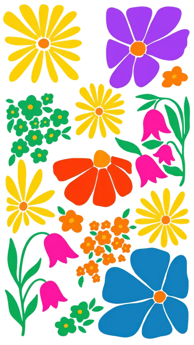 Colorful graphic flowers in various sizes and colors against a white background.