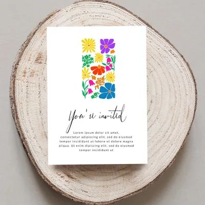 Invitation card with colorful floral design and "You're invited" text.