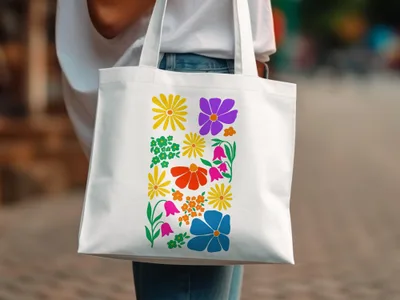 White tote bag with colorful graphic of stylized flowers and leaves.