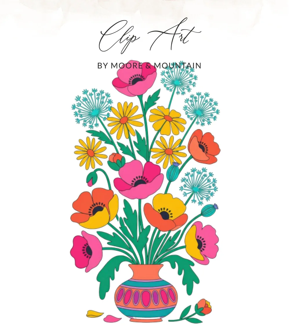 Colorful vase of flowers with "Clip Art by Moore & Mountain" text.