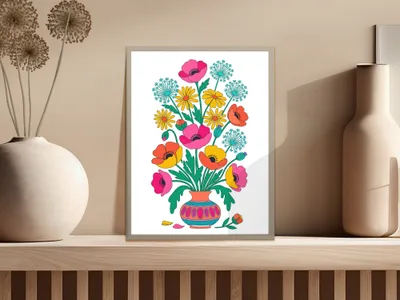 Colorful floral illustration in vase on shelf with two vases.