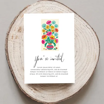 Invitation card with floral illustration and "You're invited" text.