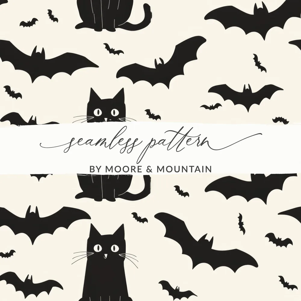 Halloween Cat Pattern Digital Paper, Spooky Bat Seamless Background, Black Cat Digital Pattern, Halloween Digital Pattern, Bat Repeat - Moore and Mountain