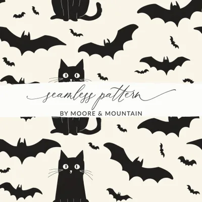 Halloween Cat Pattern Digital Paper, Spooky Bat Seamless Background, Black Cat Digital Pattern, Halloween Digital Pattern, Bat Repeat