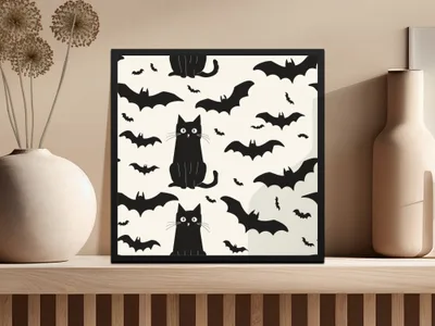 Halloween Cat Pattern Digital Paper, Spooky Bat Seamless Background, Black Cat Digital Pattern, Halloween Digital Pattern, Bat Repeat - Moore and Mountain