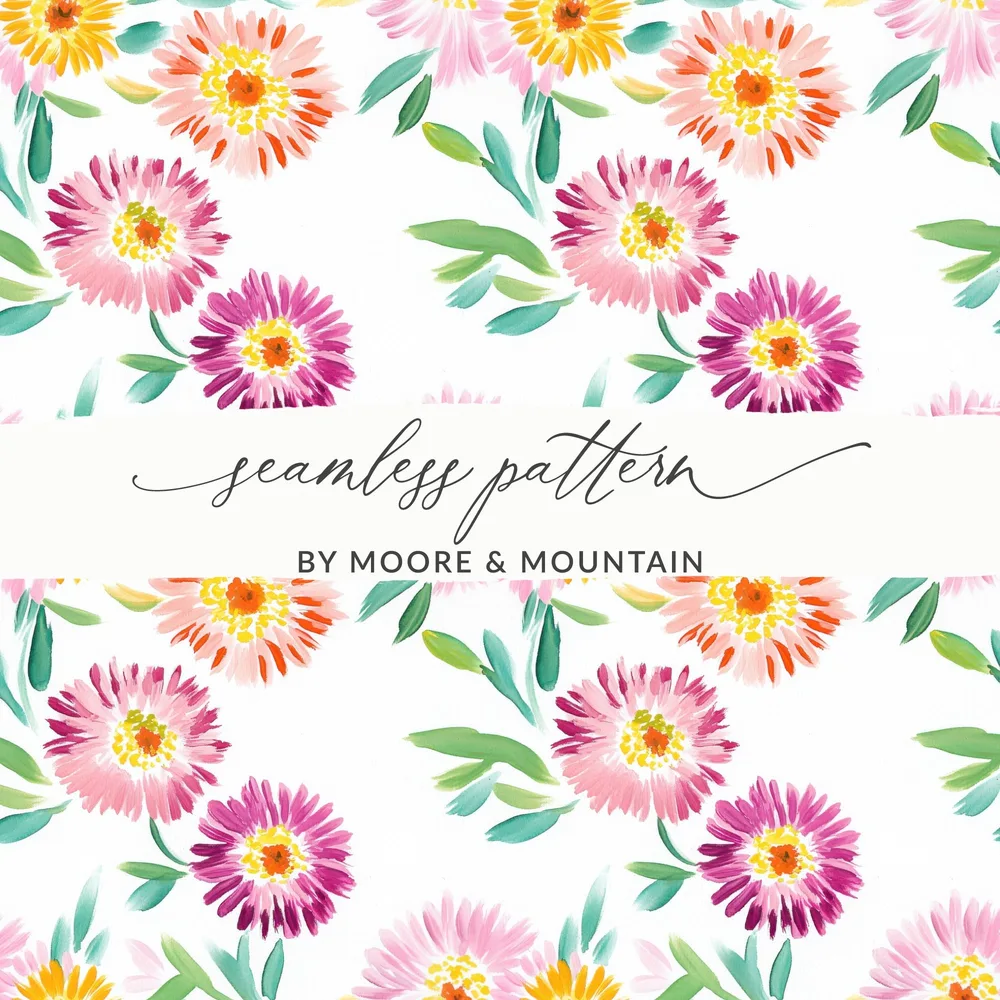 Seamless pattern of pink and yellow daisies with green leaves.