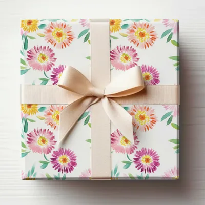 Gift-wrapped box with watercolor floral pattern and a beige ribbon bow.