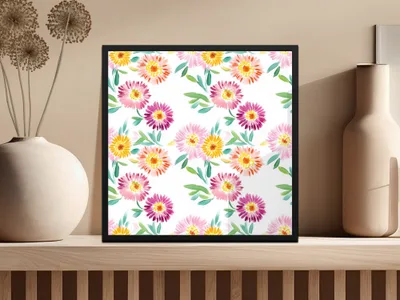 Framed artwork featuring pink and yellow watercolor floral pattern.