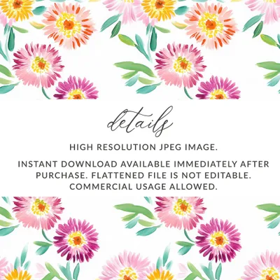 Floral pattern with watercolor daisies and text about digital download.
